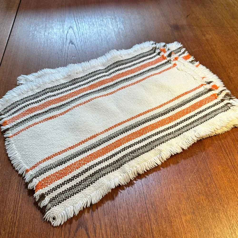 Vintage Woven Striped Placemats Set of 5 Orange Brown Fringed MCM Boho 16x11